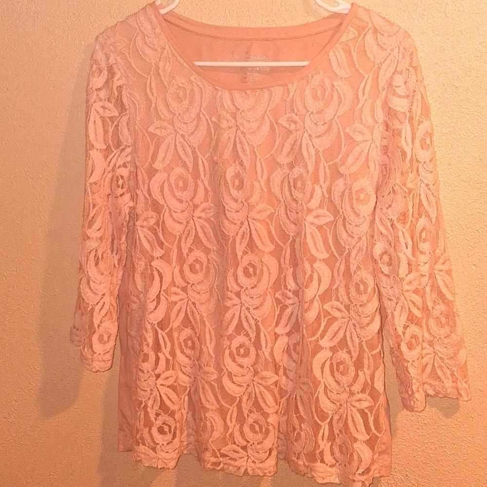 Chicos Powder Pink Lace Lined Floral 3/4 Sleeve Cotton Blend Top 2/M
